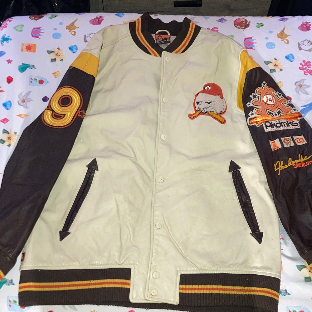 Vintage Akademiks Cream and Brown Bomber Jacket with Embroidered Details